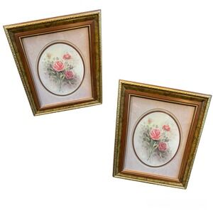 Wyona Newton Vintage Pink Rose Floral Art Prints Gold Wood Framed Set 2 Cottage